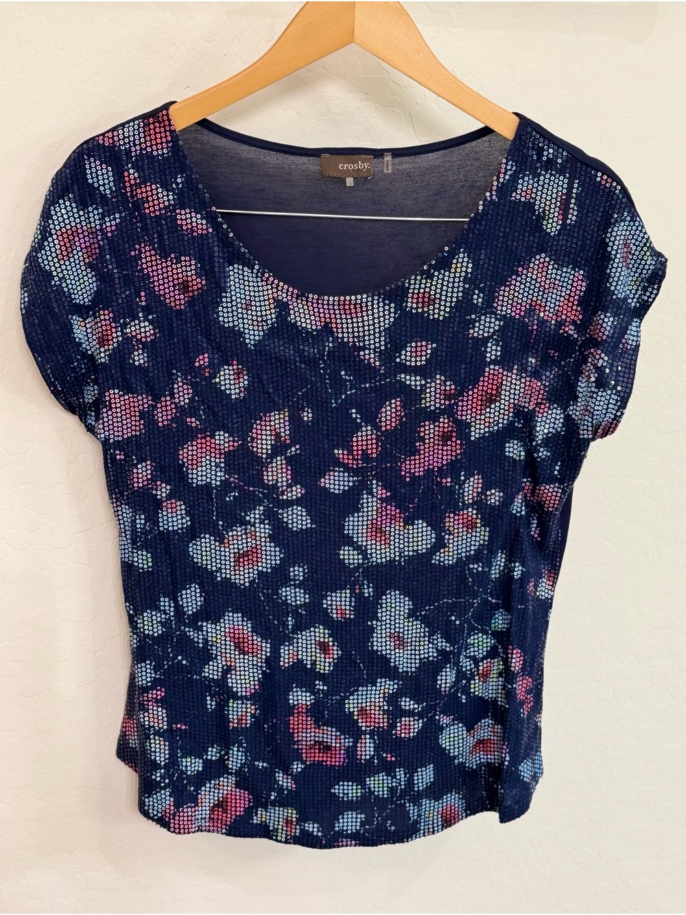 Crosby Navy Blue Floral Sequin Shimmer Short Sleeve Scoop Neck Blouse Top Large